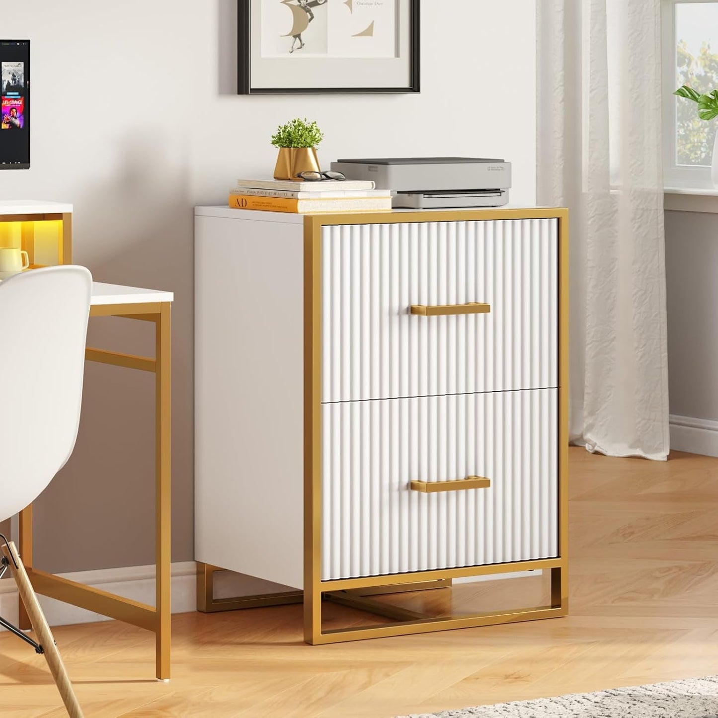2 Drawer File Cabinet, Lateral Filing Cabinet for Home Office, White and Gold-0