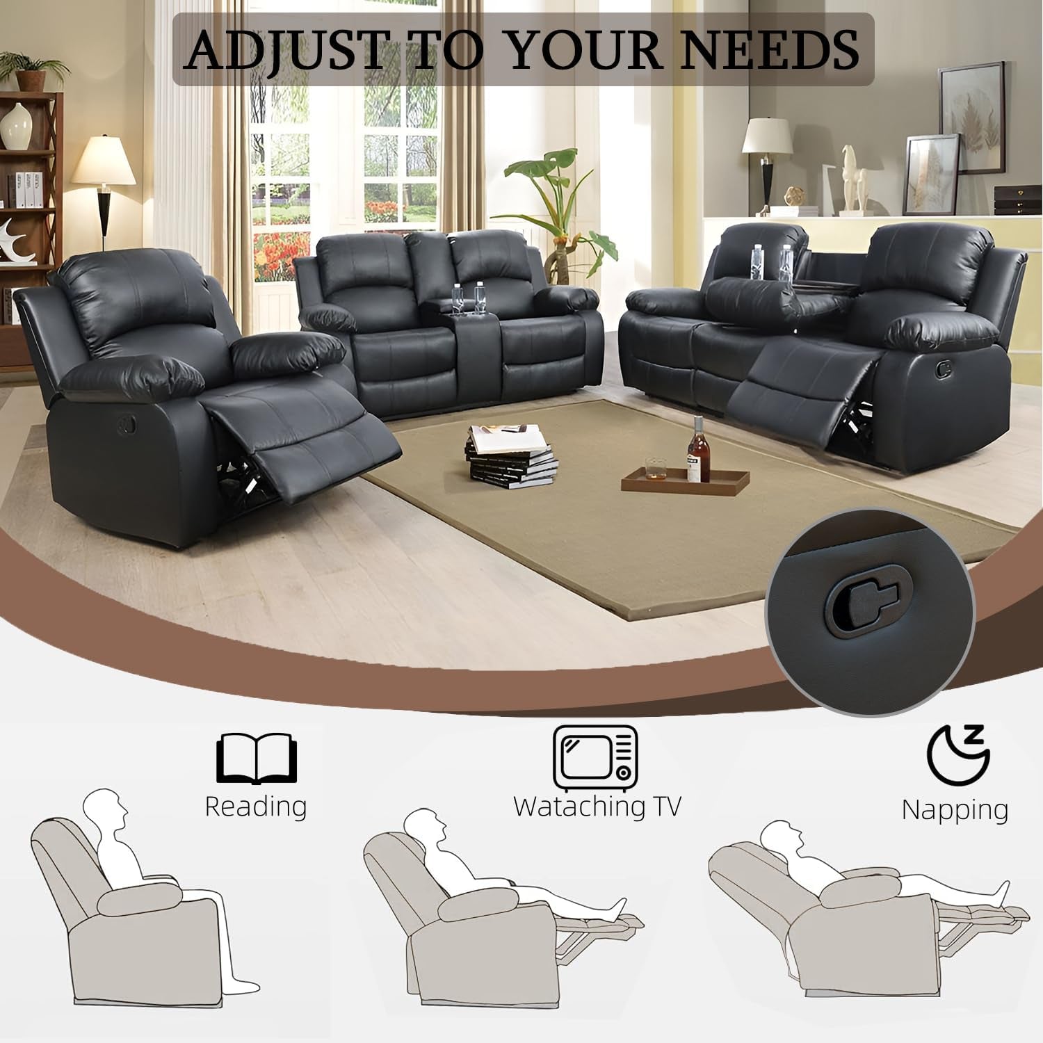 Leather Recliner Sofa Set，Leather Reclining Sofa Set for Living Room Furniture Sets，Black Recliner Couch Set for Living Room/Office/Theater Seating(Sofa Set 3 Pieces)-4