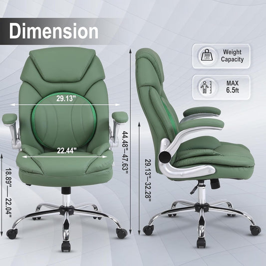 Modern Executive Office Chairs with Lumbar Support, 90-120° Rocking Managerial Chair Ergonomic PU Leather Home Office Desk Chairs with Wheels, Flip-Up Arms & Back Support (Green)-1