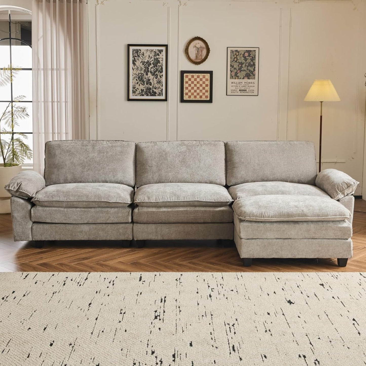 Sectional Sofa Modular Deep Seat Sofa Couch with Ottoman, Chenille Sofa Sleeper Comfy Upholstered Furniture for Living Room, Apartment, Studio, Office, (3-Seat & 1-Ottoman, Light Gray)-1