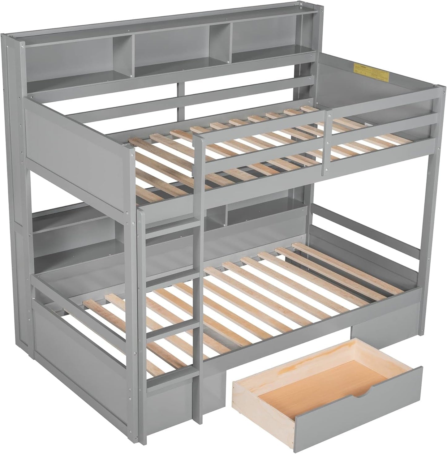 Twin over Twin Bunk Bed with Storage, Wooden Bunk Bed with Built-In Storage Shelves and Drawer, Kids Bunk Bed Twin Size for Boys & Girls, No Box Spring Needed (Gray)-3
