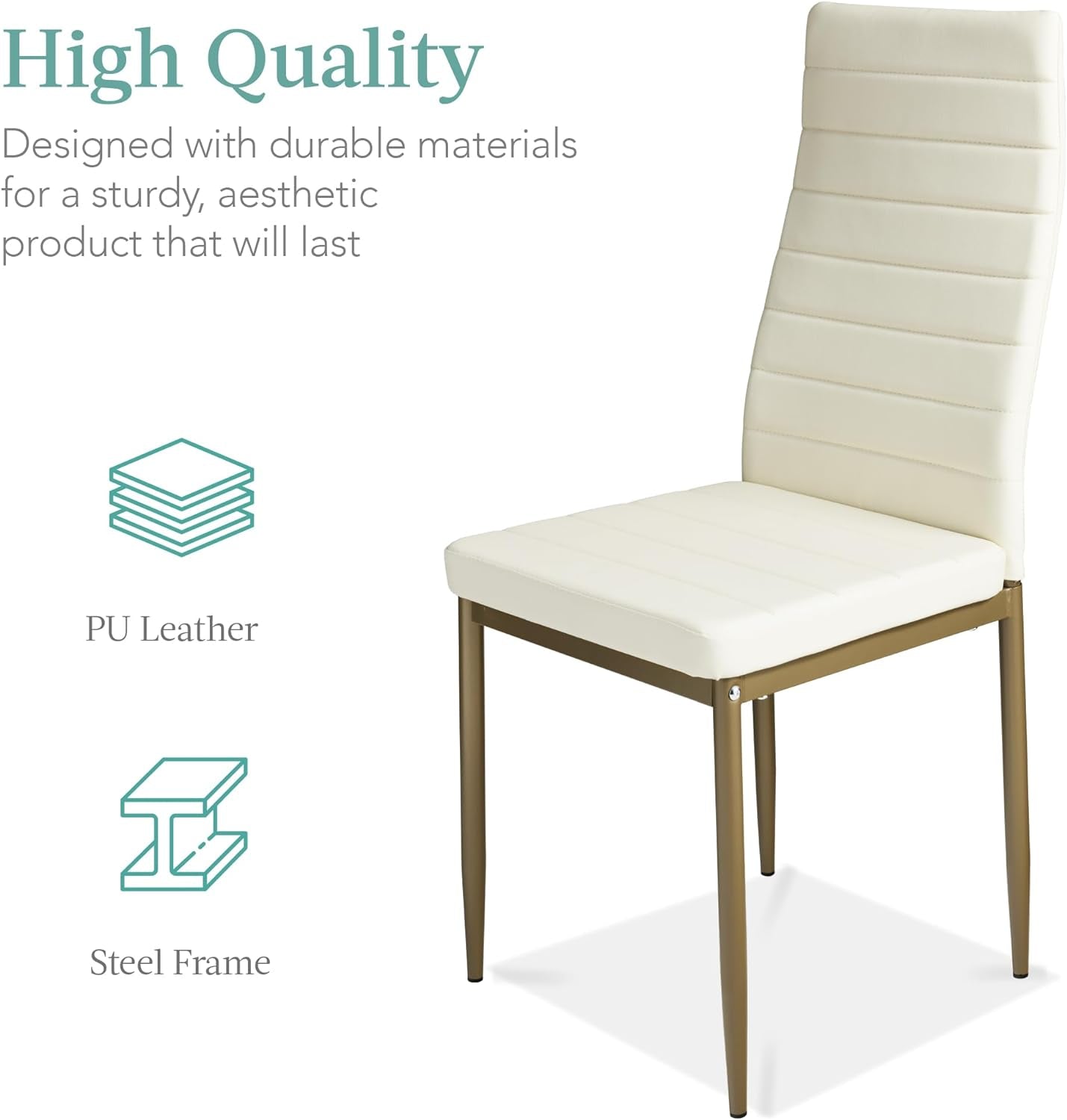 5-Piece Glass Dining Set, Modern Kitchen Table Furniture for Dining Room, Dinette, Compact Space-Saving W/Glass Tabletop, 4 Upholstered PU Chairs, Metal Steel Frame - Ivory/Gold-2