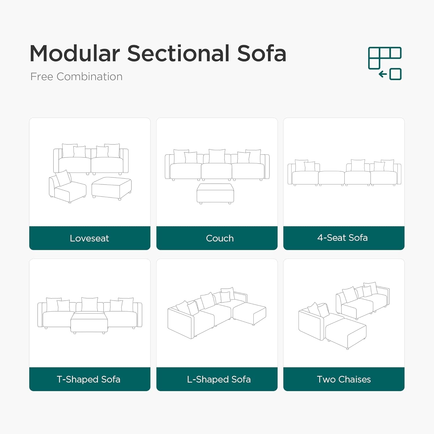 Luxury L-Shaped Upholstery Convertible Modular Sectional Sofa, Contemporary Reversible Couch with Chaise Lounge for Living Room, Apartment, 4 Piece Set, Grey-4