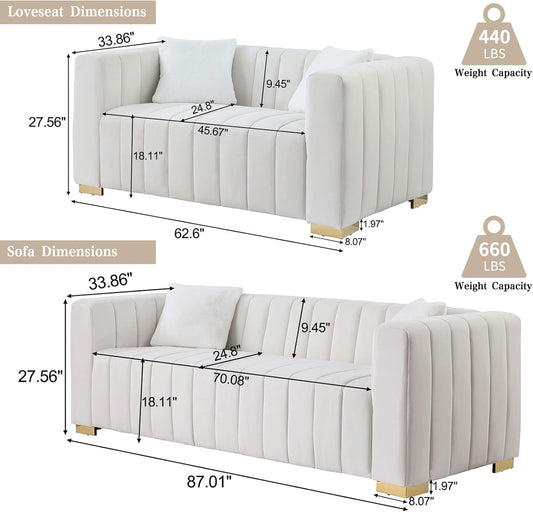 2 Piece Living Room Furniture Set, Including Loveseat and 3-Seater Sofa Couch with Channel Tufted Velvet Fabric, 4 Pillows for Bedroom Apartment, White-1