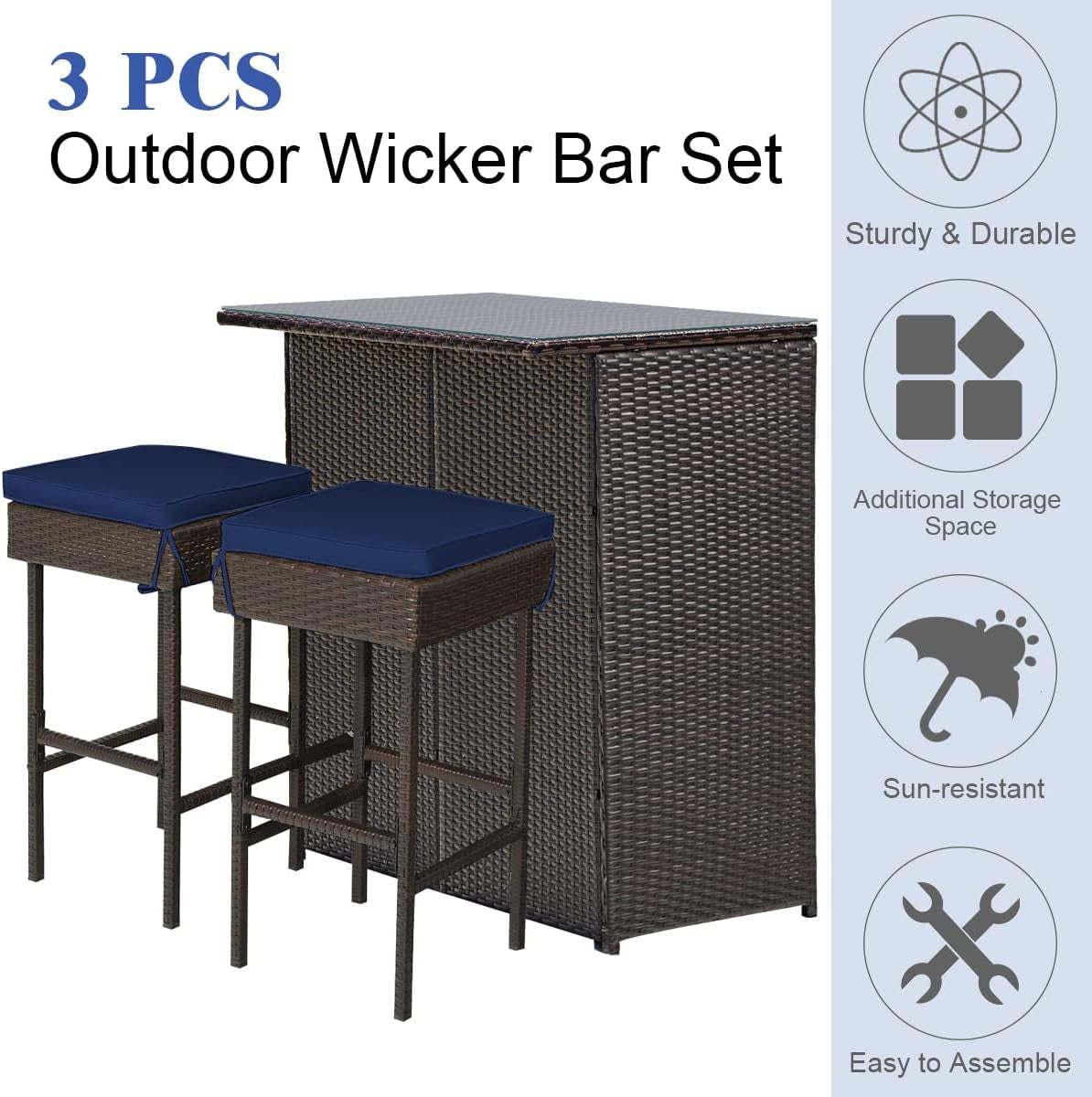 Patio Bar Set, 3 Piece Outdoor Rattan Wicker Bar Set with 2 Cushions Stools & Glass Top Table, Navy & off White Cover, Outdoor Furniture Set for Patios Backyards Porches Gardens Poolside-3