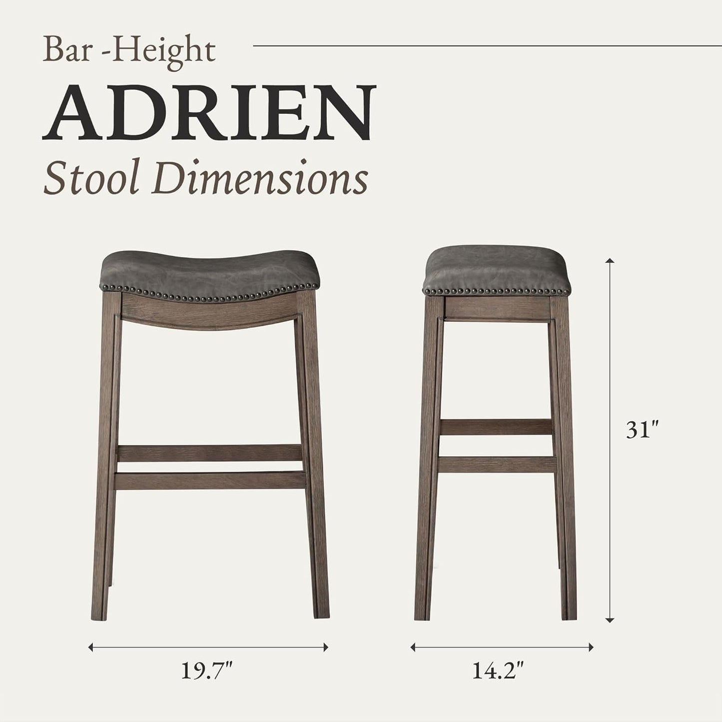 Adrien 31 Inch Bar Height Backless Saddle Barstool in Reclaimed Oak Finish with Ronan Stone Vegan Leather Cushion Seat-2