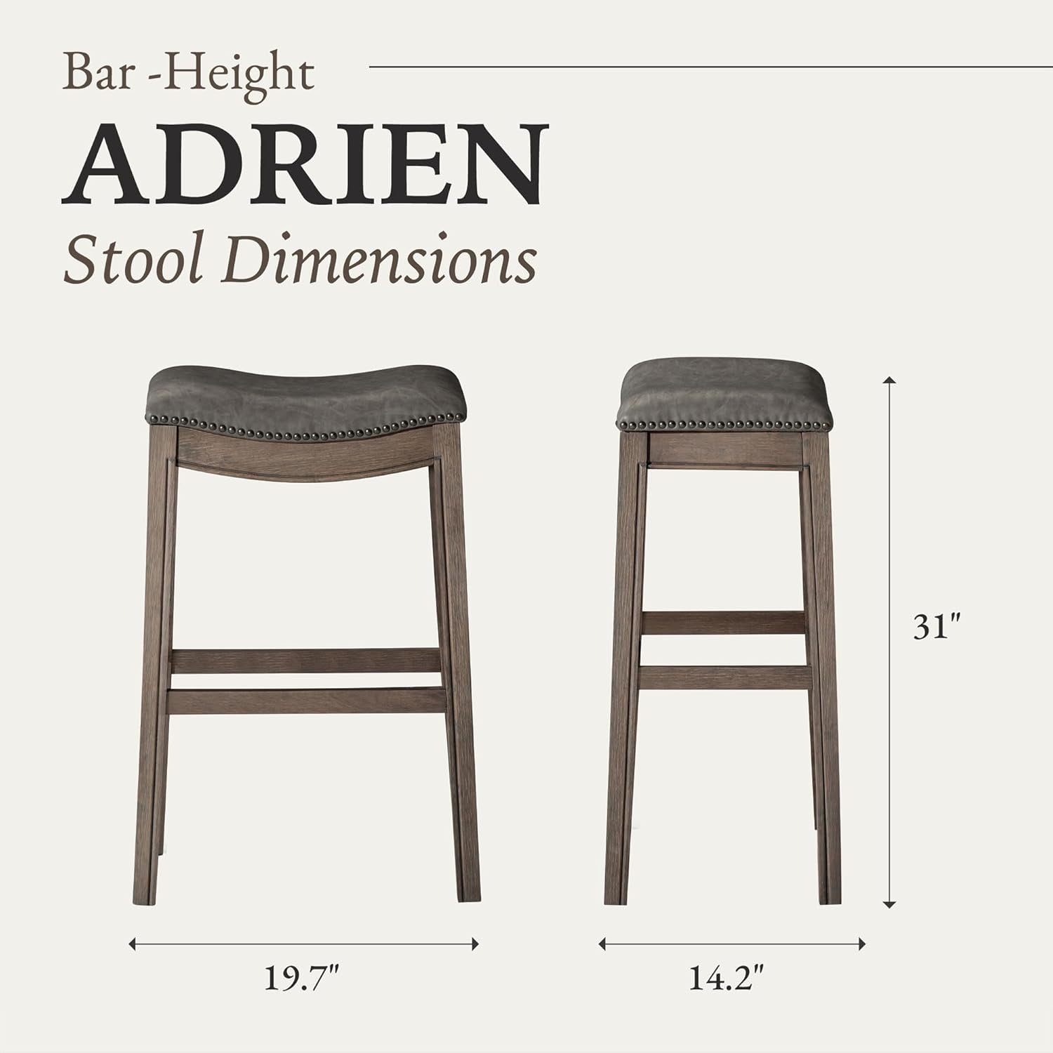 Adrien 31 Inch Bar Height Backless Saddle Barstool in Reclaimed Oak Finish with Ronan Stone Vegan Leather Cushion Seat-2