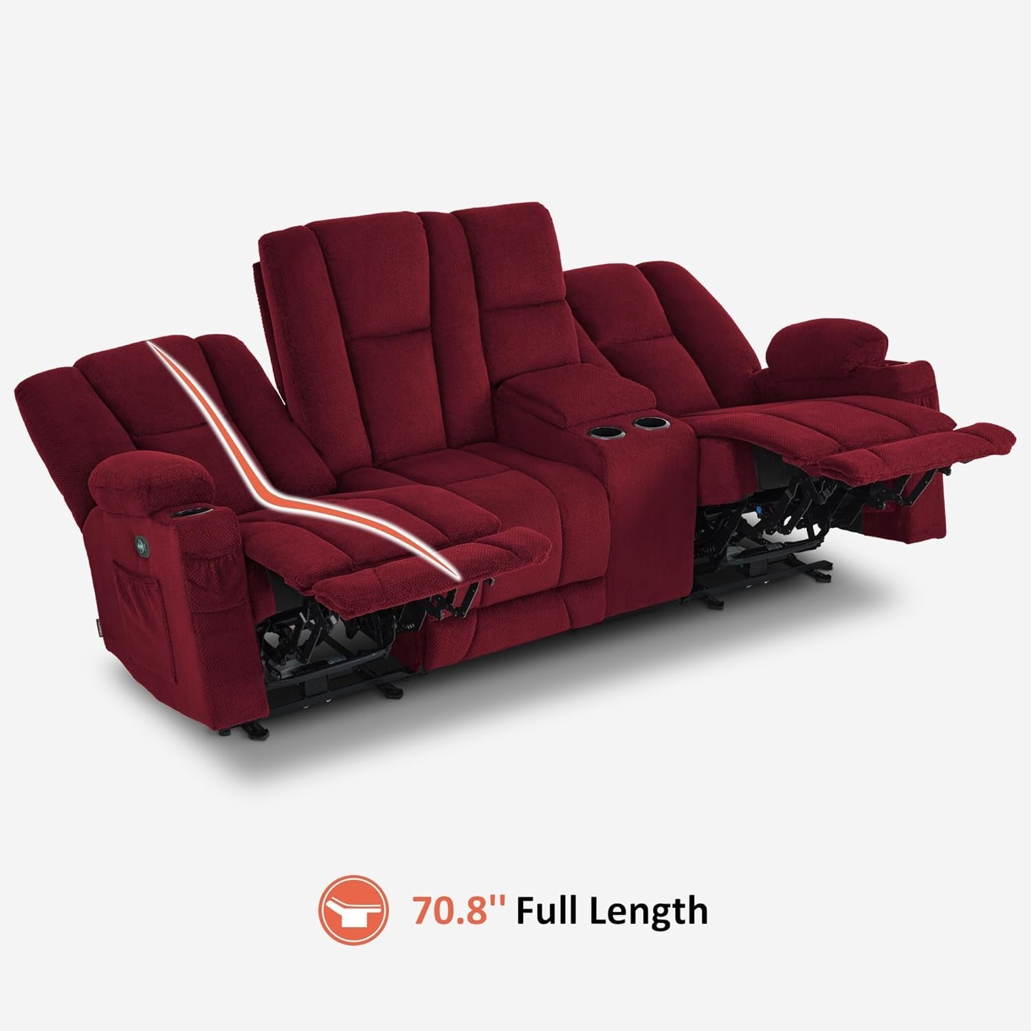 Power Reclining Sofa with Heat and Vibration,Usb Ports, Cup Holders,3-Seat Dual Recliner Sofa with Console for Living Room 6035 (Burgundy)-4