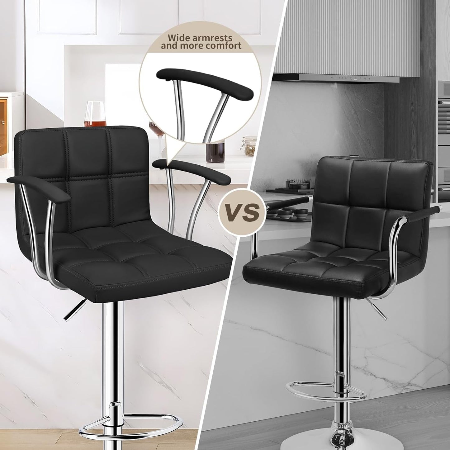 Bar Stools Set of 2,Armrest Adjustable Swivel Barstools with Back,Double Needle PU Leather Counter Height Bar Stools for Kitchen Island, Black-3