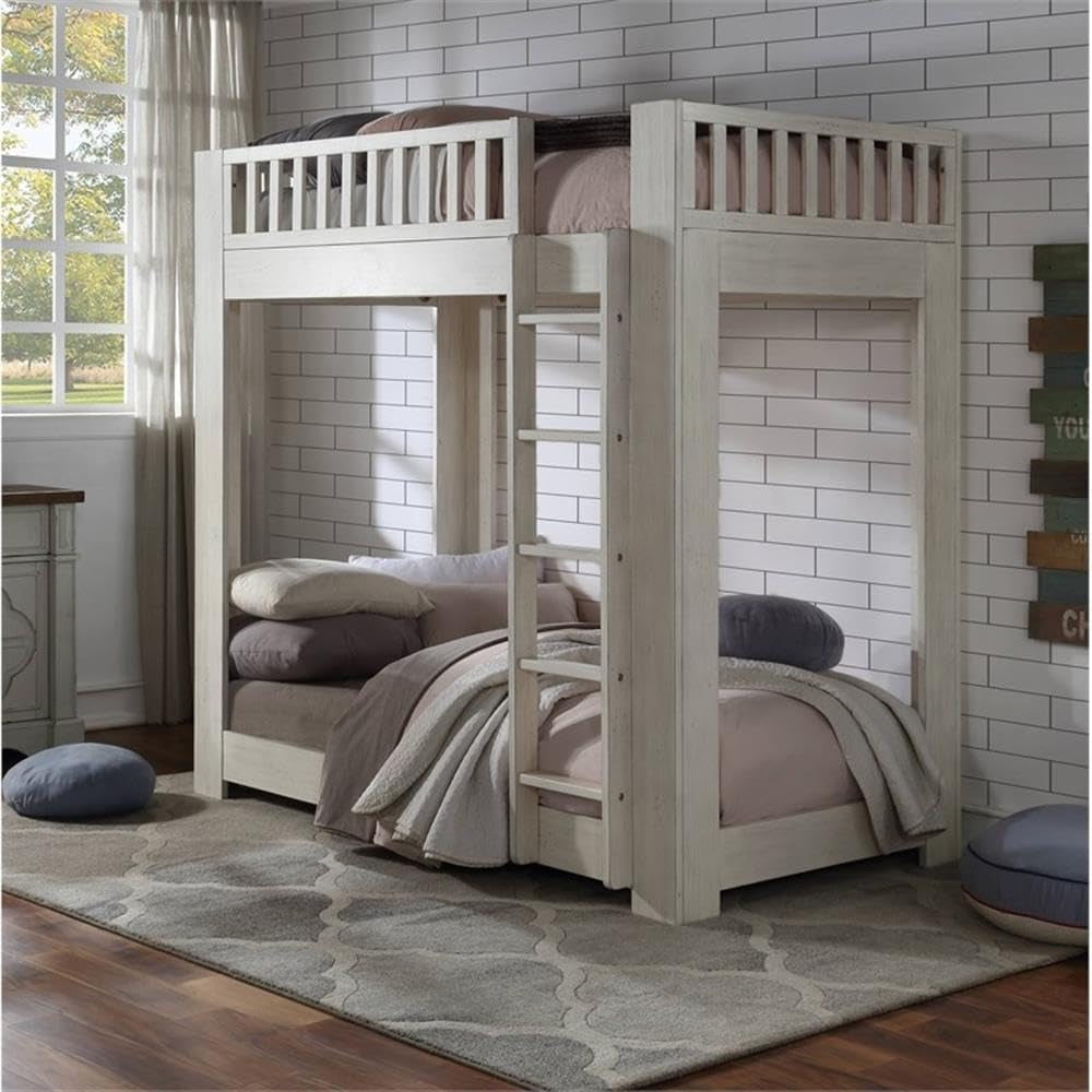 Cedro Twin over Twin Bunk Bed with Wood Ladder in Weathered White-1