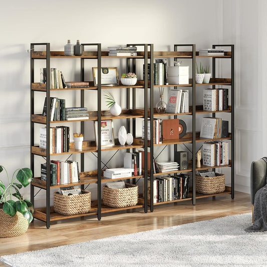 Bookshelf 6 Tier with 4 Hooks, 67” Industrial Wooden Bookcase, Vintage Storage Rack with Open Shelves, Rustic Standing Bookshelves Metal Frame 43.3” Wide Display Rack, Rustic Brown-1