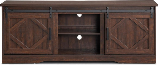 75 in Farmhouse TV Stand with Sliding Barn Door,Wood Entertainment Center with Storage for Living Room, Rustic Brown-1