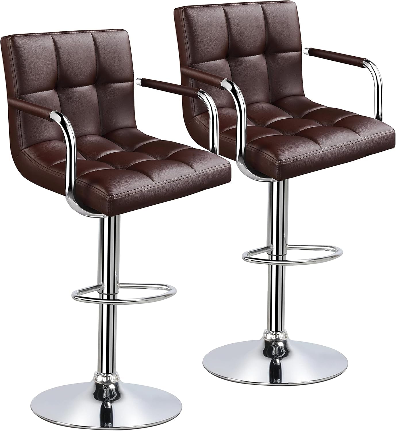 Tall Bar Stools Set of 2 Modern Square PU Leather Adjustable Barstools Counter Height Stools with Arms and Back Bar Chairs 360° Swivel Stool, Brown-0