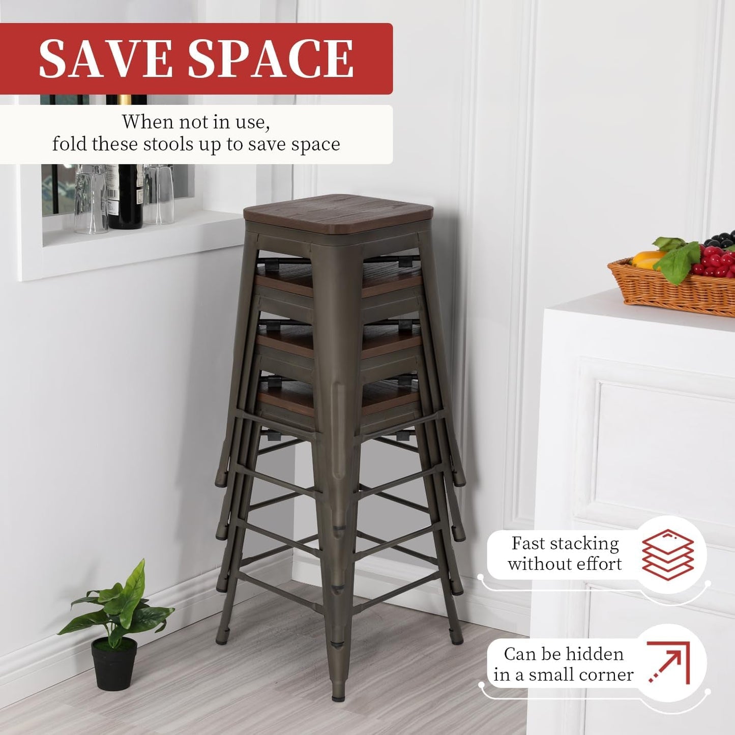 Metal Bar Stools Counter Height Barstool Industrial Bar Chairs Patio Stool Stackable Backless Stool Indoor Outdoor Metal Kitchen Stools Bar Chairs (Bronze with Wood, 24")-4