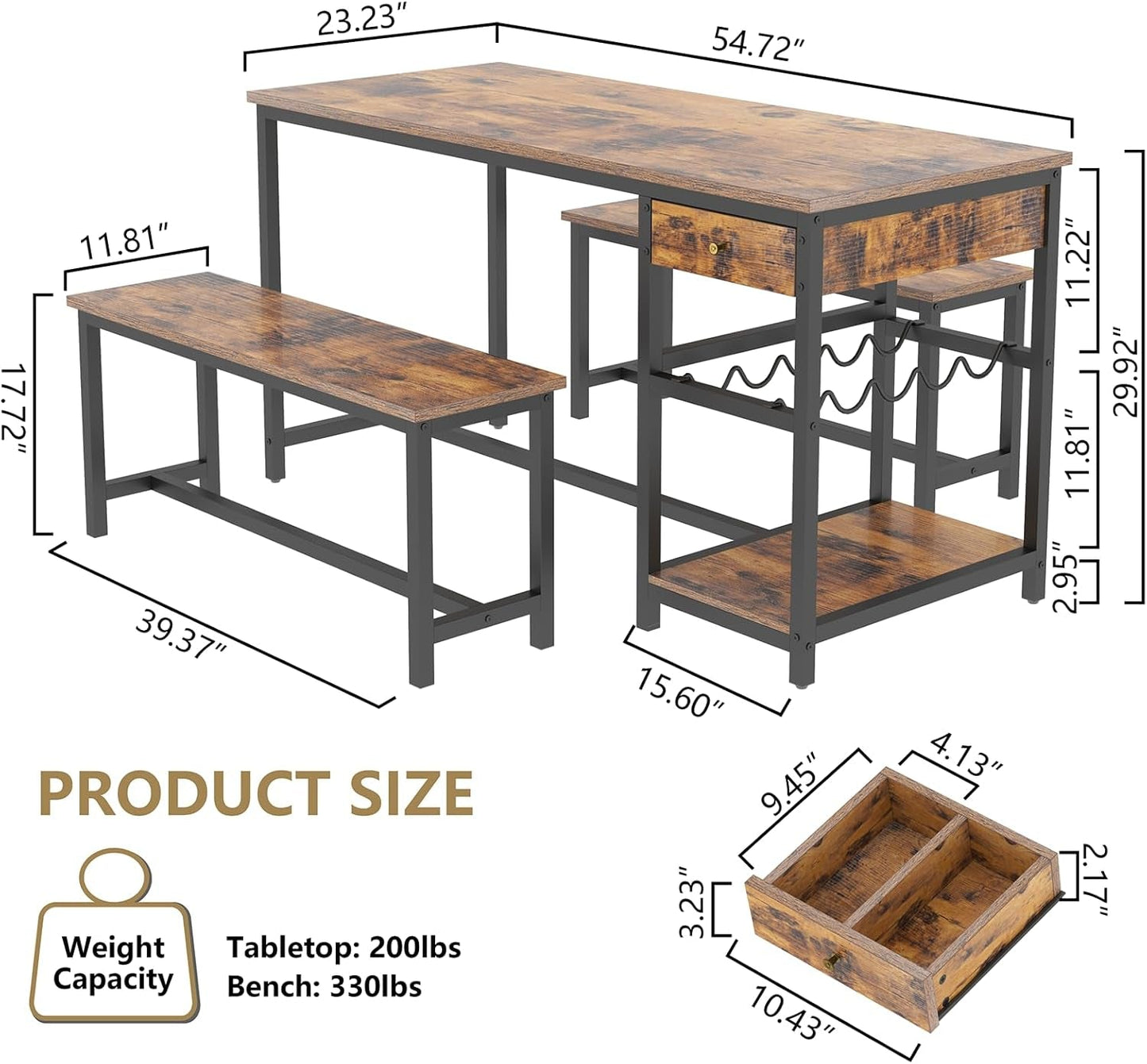 Elegant Rustic Dining Table Set for 4-6 with Storage Drawer, Wine Rack & Glass Holder - 54.7" Kitchen Dinner Table with 2 Benches-1