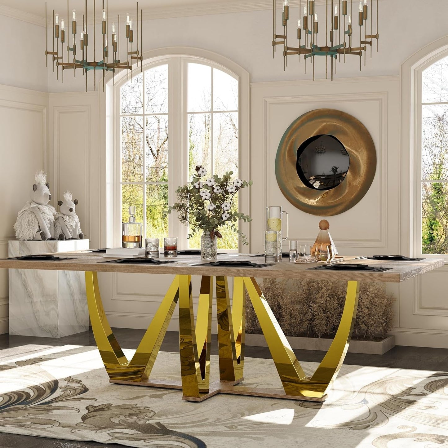 94 Inch Large Walnut Dining Table for 8-10 People, Polished Stainless Steel Tree Fork Legs, Wooden Cross Base, Sturdy and Waterproof, Wooden Dining Table Suitable for Kitchen, Dining Room-0