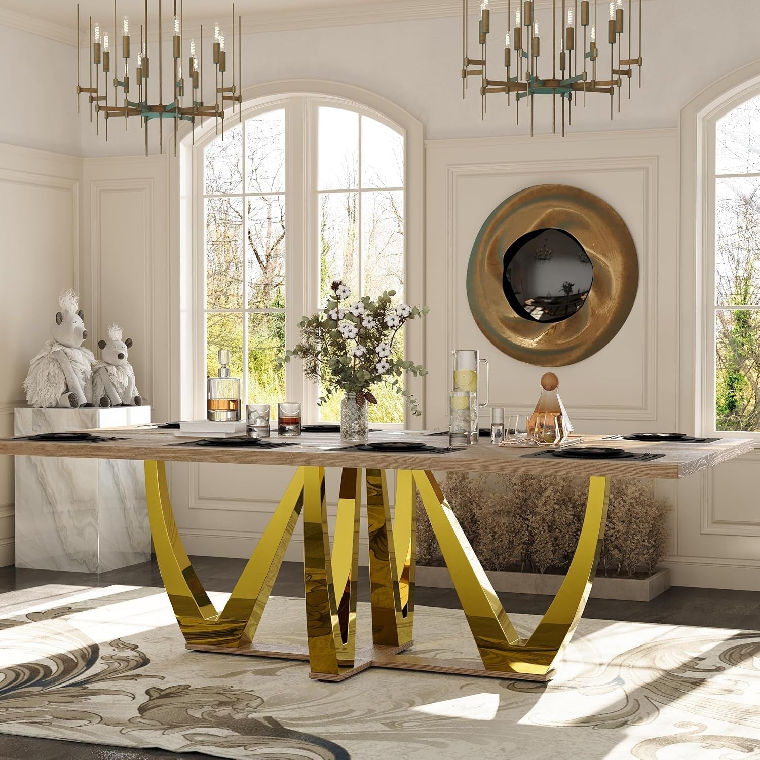 94 Inch Large Walnut Dining Table for 8-10 People, Polished Stainless Steel Tree Fork Legs, Wooden Cross Base, Sturdy and Waterproof, Wooden Dining Table Suitable for Kitchen, Dining Room-0