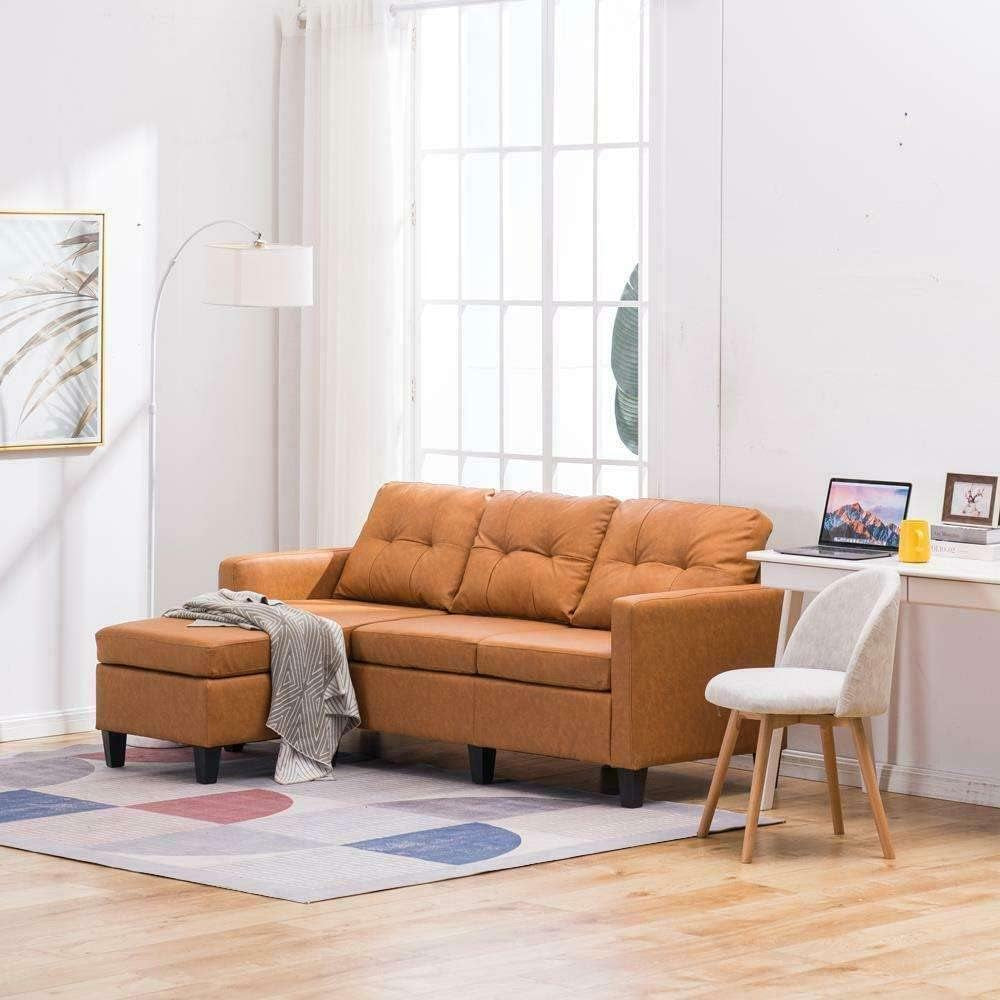 JHUS Faux Leather Sectional Sofa L-Shaped Couch W/Reversible Chaise Light Brown Sofa Sofa Bed Sleeper Sofa Sectional Sofa Couches for Living Room Sofas for Living Room Living Room Furniture-4