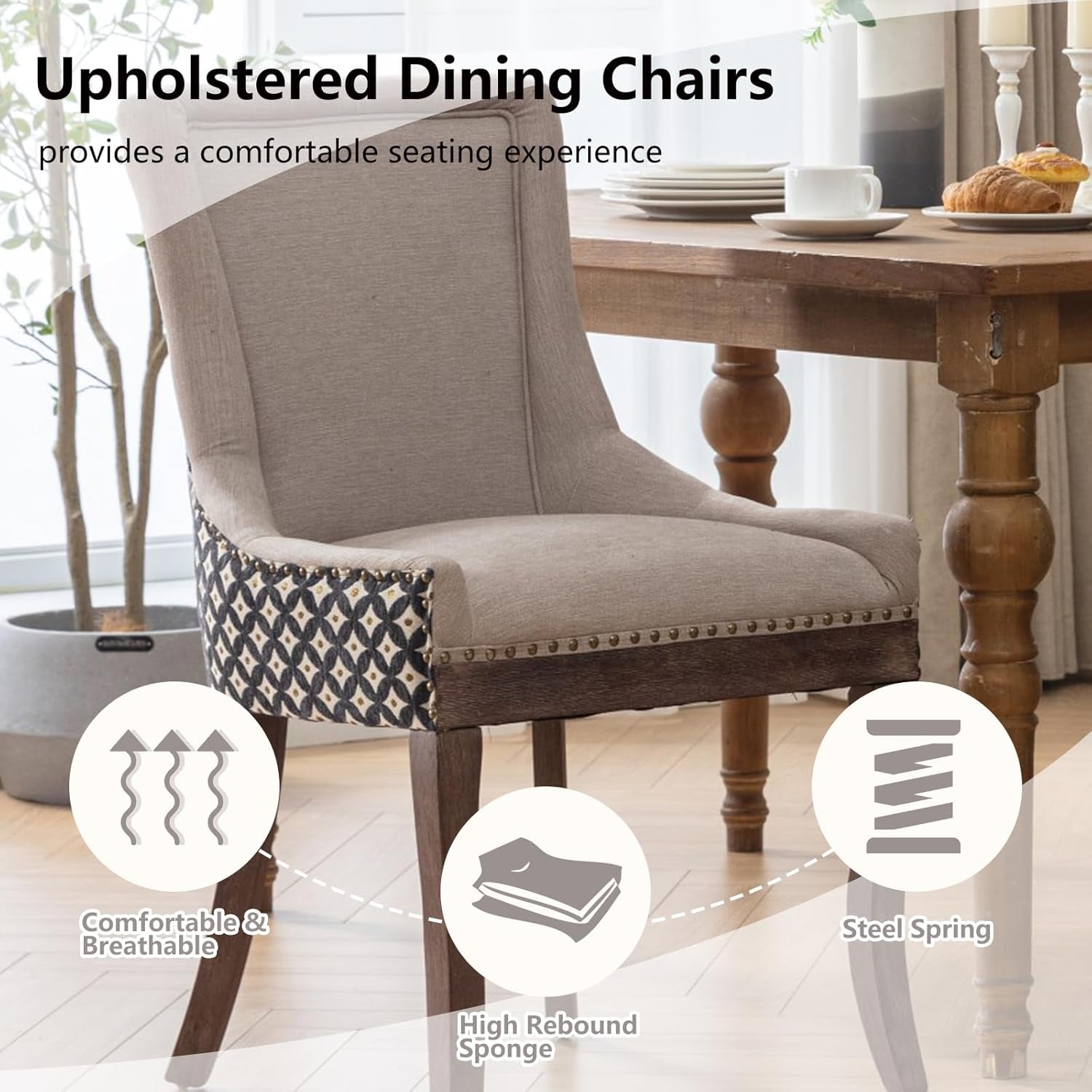 Beige Patterned Modern High Back Dining Chairs Set-3