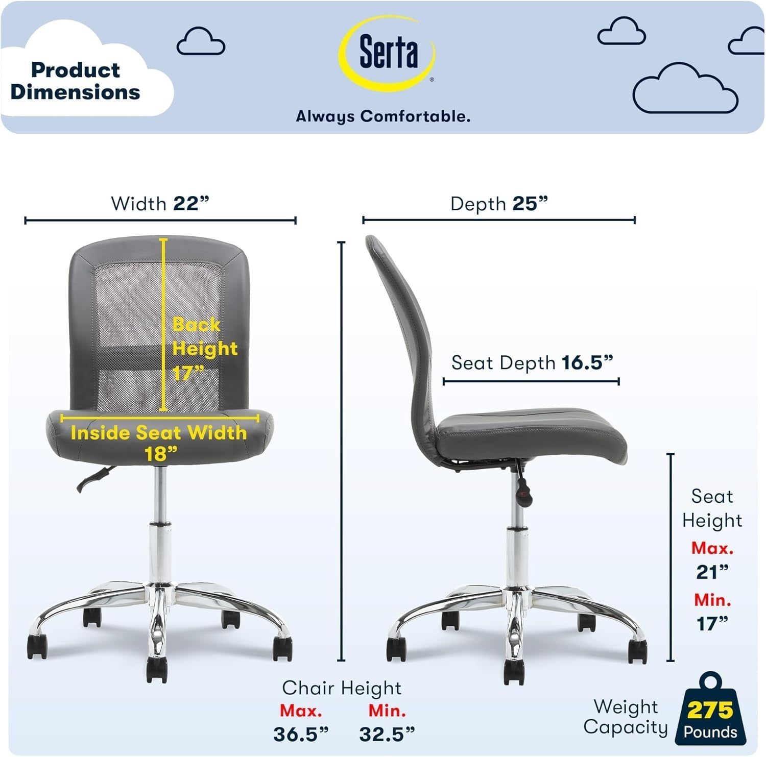 Essential Armless Deskchair, Small Task Chair with Wheels, Breathable Mesh Back, quality Foam Cushion Seat for Comfort, Functional, Lightweight and Versatile, Gray-2