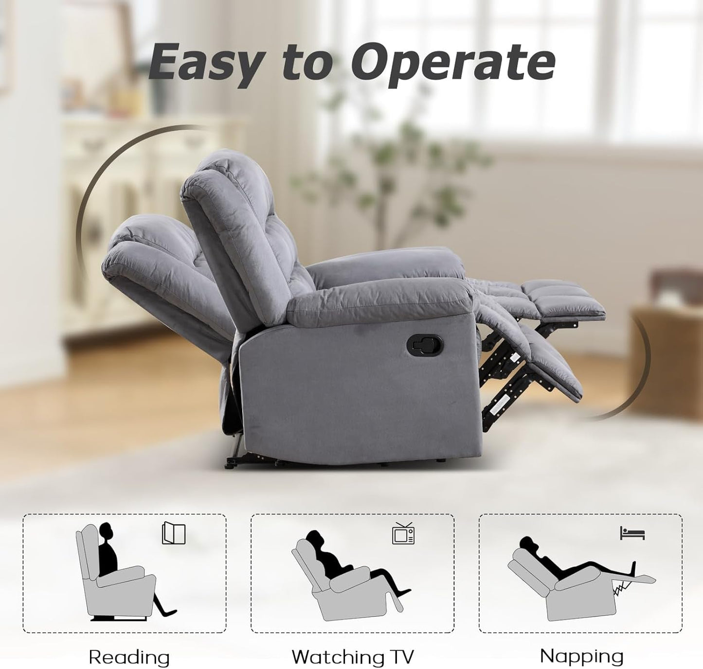 Manual Reclining Couch Sofa Set for Living Room, Include 1 Recliner Chair, 1 Loveseat Recliner Sofa and 1 3-Seat Reclining Sofa for Office, Grey (Recliner+Loveseat+Sofa)-3