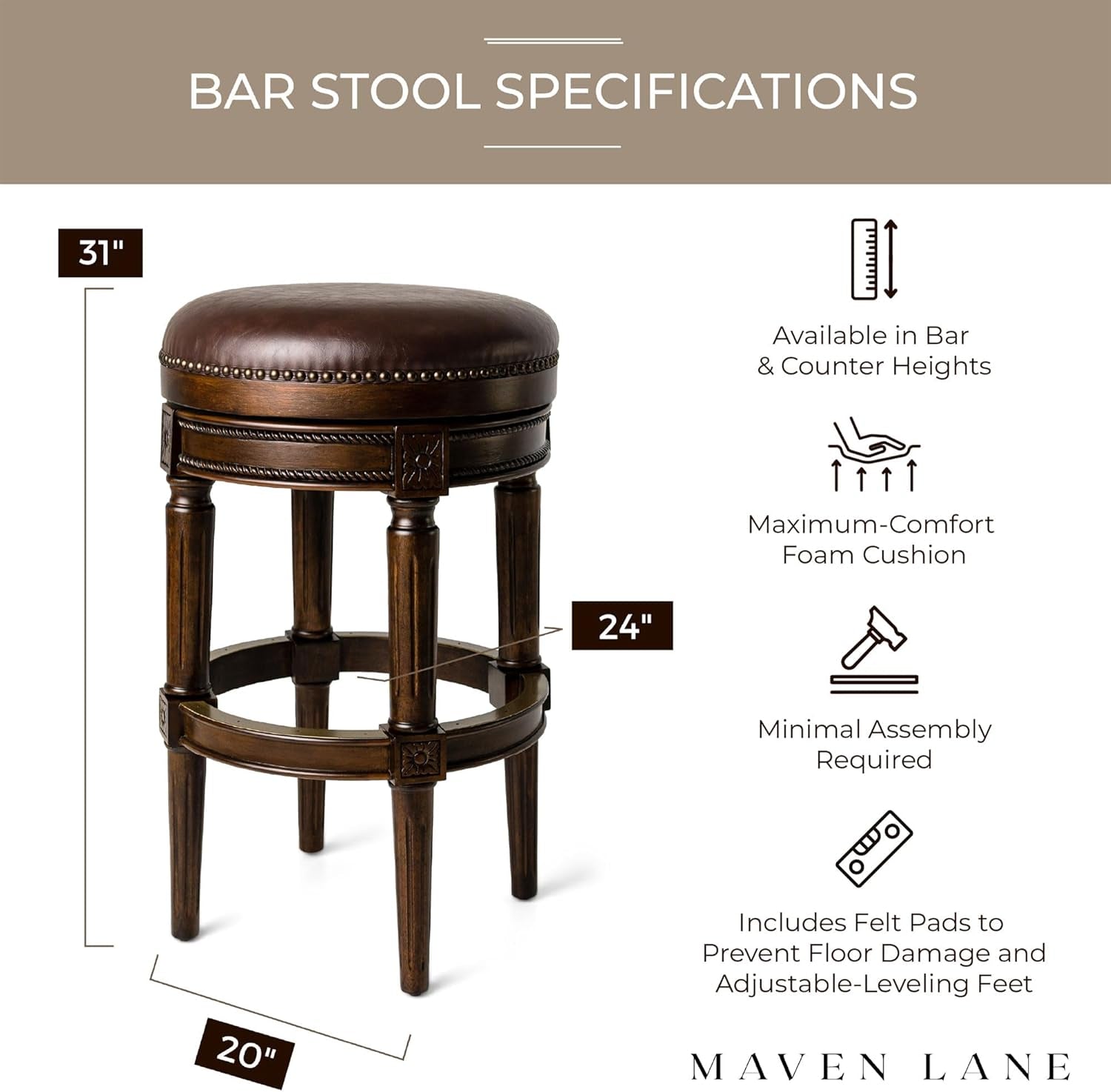 Pullman 31 Inch Tall Bar Height Upholstered Backless Barstool in Dark Walnut Finish with Vintage Brown Vegan Leather Cushion Seat, Set of 2-2