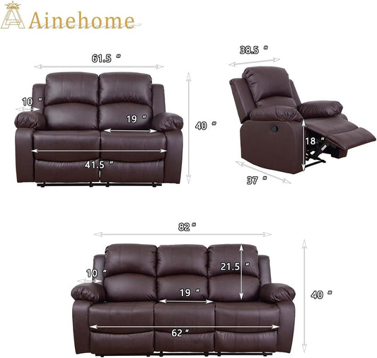 Luxury Recliner Sofa Living Room Set Reclining Sofa and Loveseat Chair Sets Living Room Furniture Sets Recliner Couches for Living Room/Office (A-Brown Leather, 3 Piece Set)-1