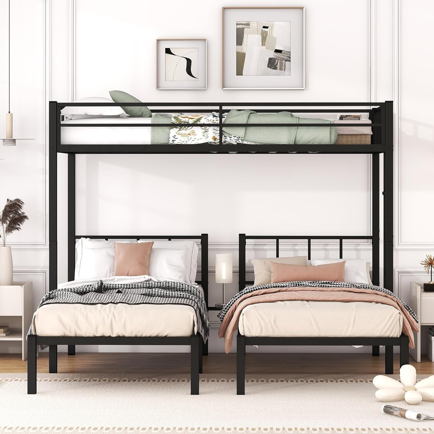 Twin over Twin over Twin Triple Bunk Bed for Kids,3 Bed Bunk Beds for 3,Metal Triple Bunk Beds with Built-In Desk,Separates into 3 Twin Beds,Noise Reduced Structure,Black-2