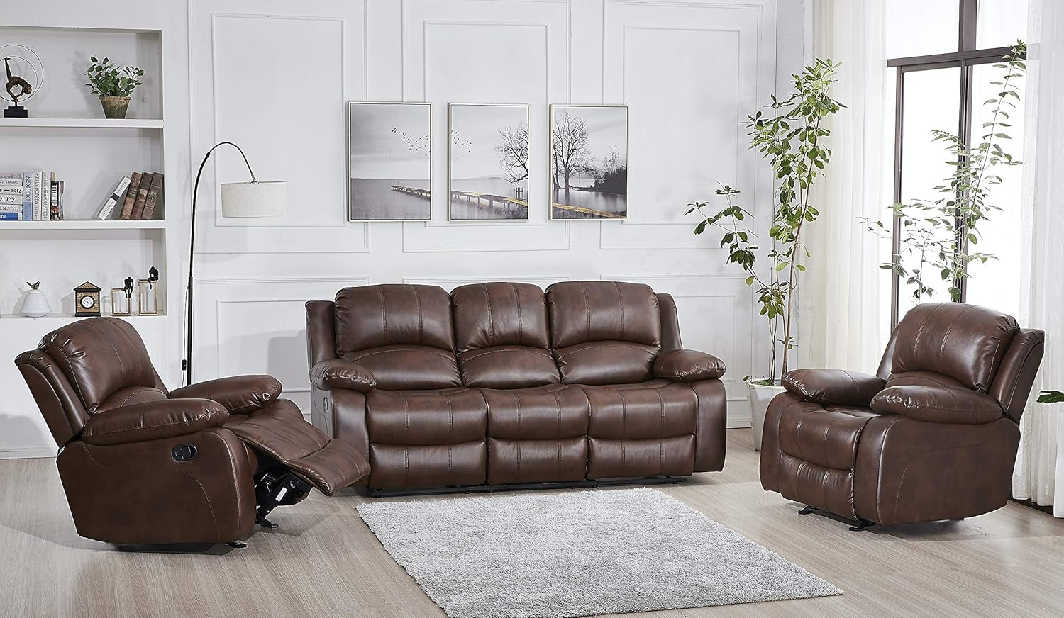 3PC Bonded Leather Reclining Sofa Chair Set Living Room Set 8018 Multiple Color (Brown)-0