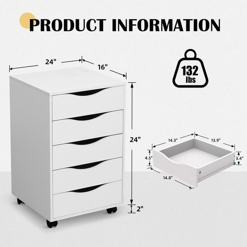5 Drawer Chest Wood File Cabinet Rolling Storage Dresser with Wheels for Home Office, White-2