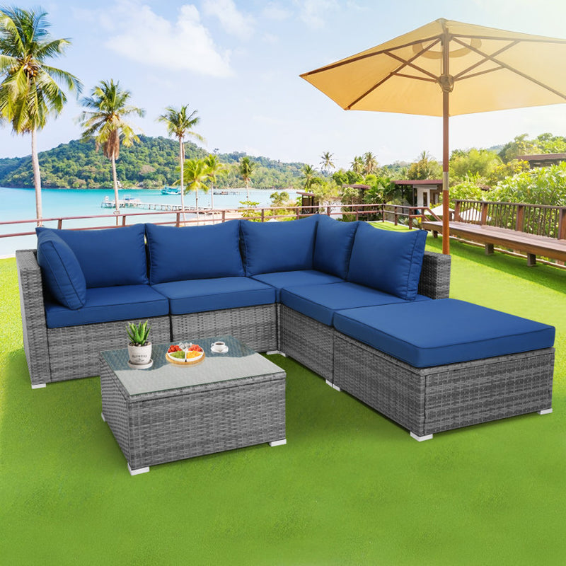 6 Pieces Outdoor Rattan Sofa Set with Seat and Back Cushions-0