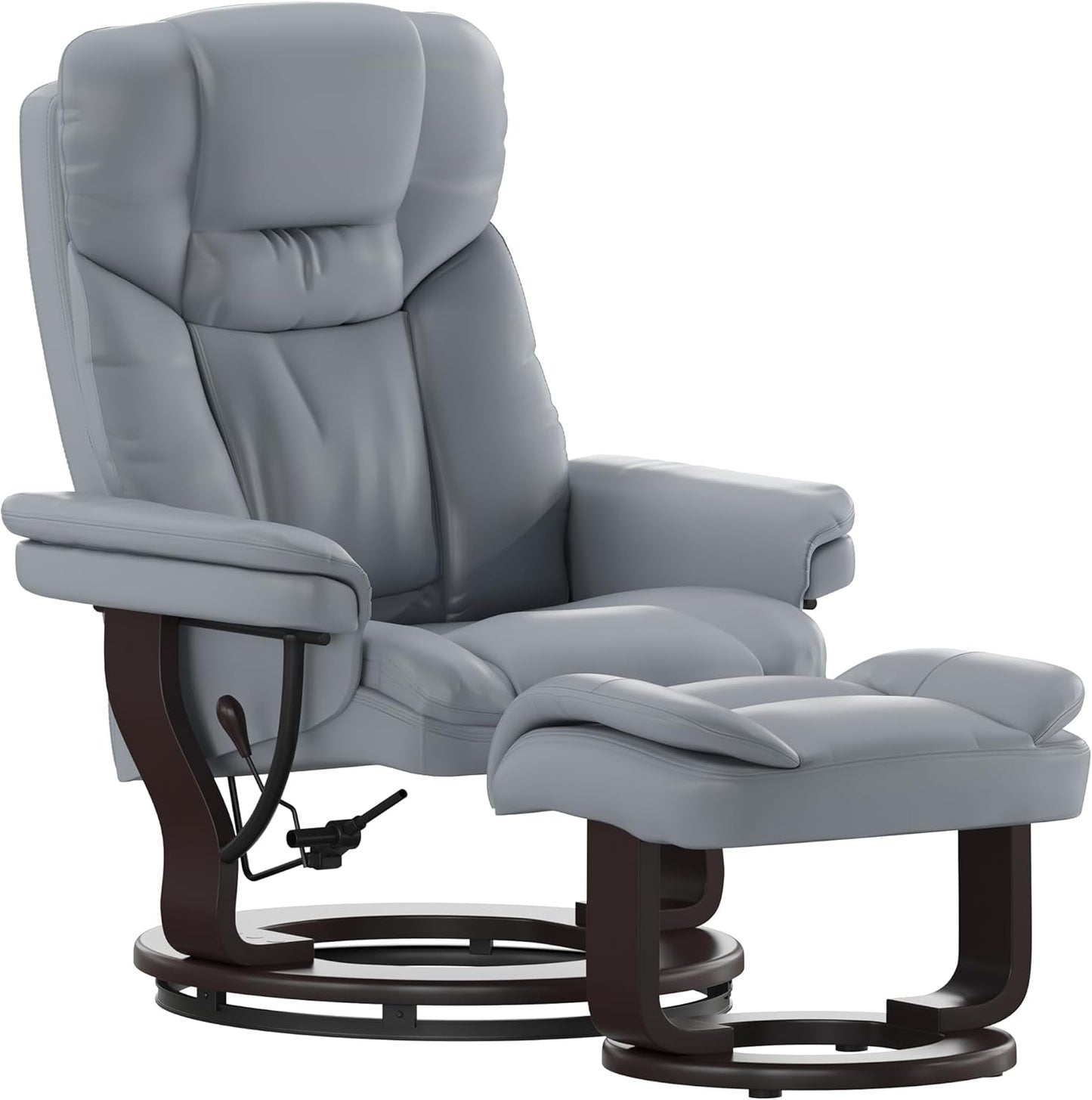 Allie Contemporary Multi-Position Recliner and Curved Ottoman with Swivel Mahogany Wood Base in Gray Leathersoft-0