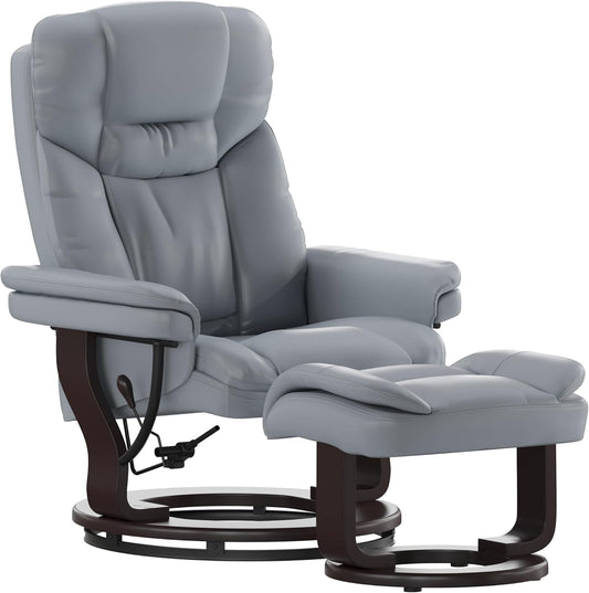 Allie Contemporary Multi-Position Recliner and Curved Ottoman with Swivel Mahogany Wood Base in Gray Leathersoft-0