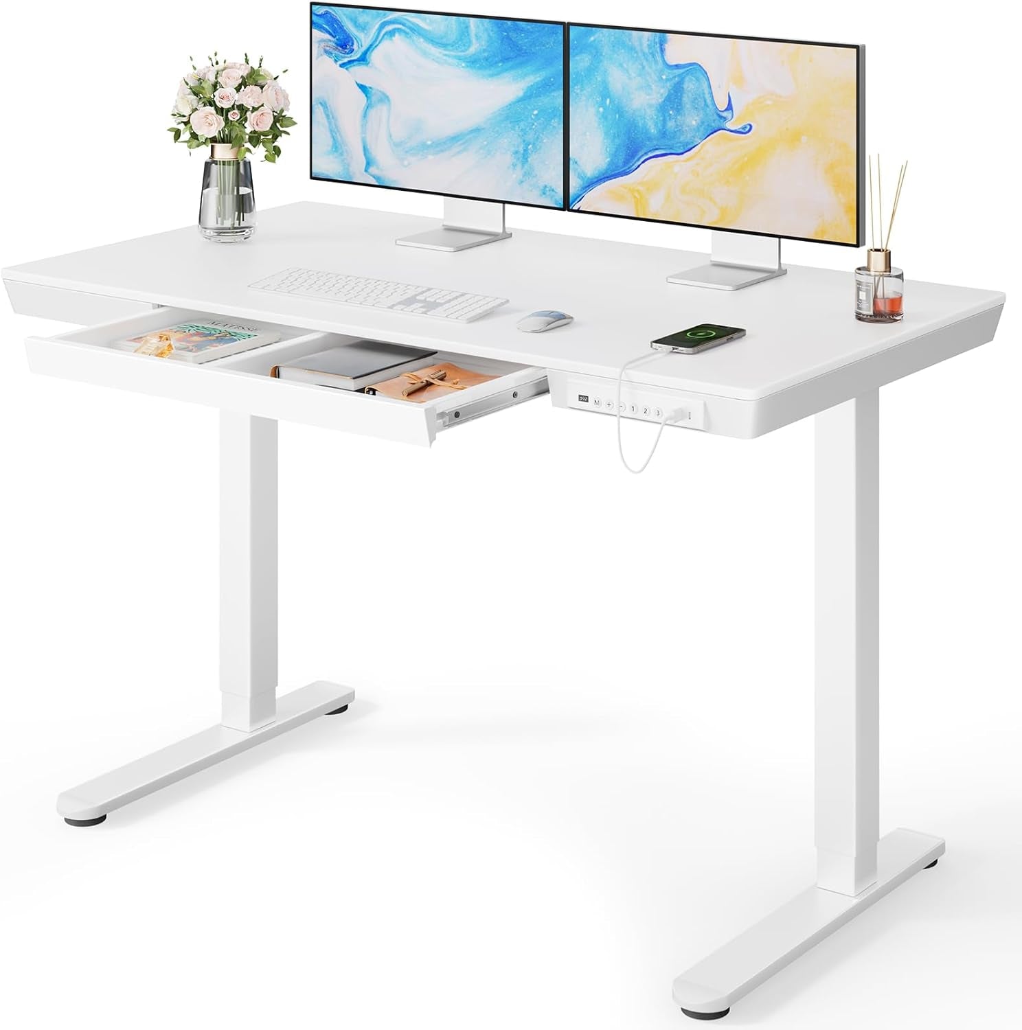 Standing Desk with Drawer, 48 X 24 Inch Whole Piece Tabletop Electric Standing Desk, Height Adjustable Desk with USB Charging Ports, Sit Stand Desk with Storage for Home & Office White-0