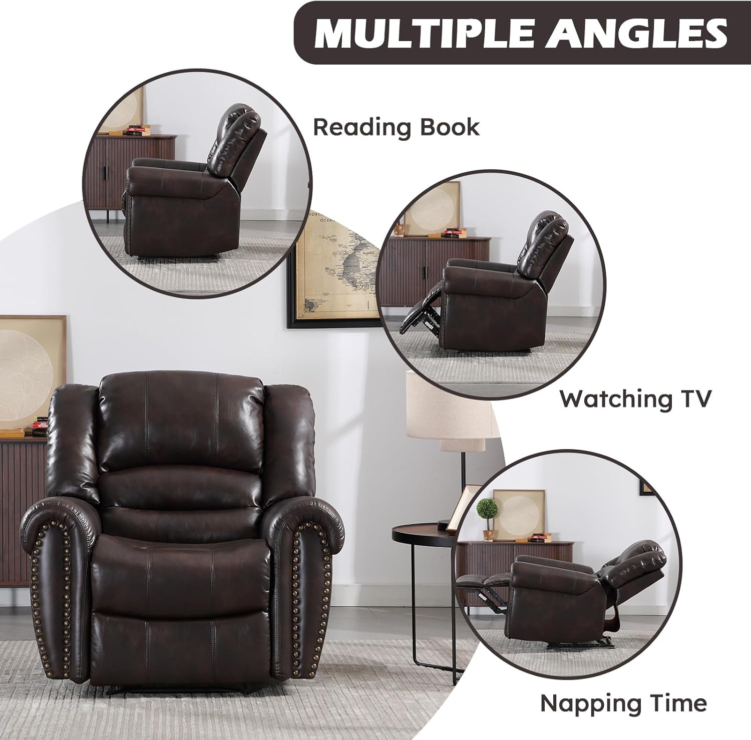 Leather Recliner Chair, Classic and Traditional Manual Recliner Chair with Comfortable Arms and Back Single Sofa for Living Room, Dark Brown-4