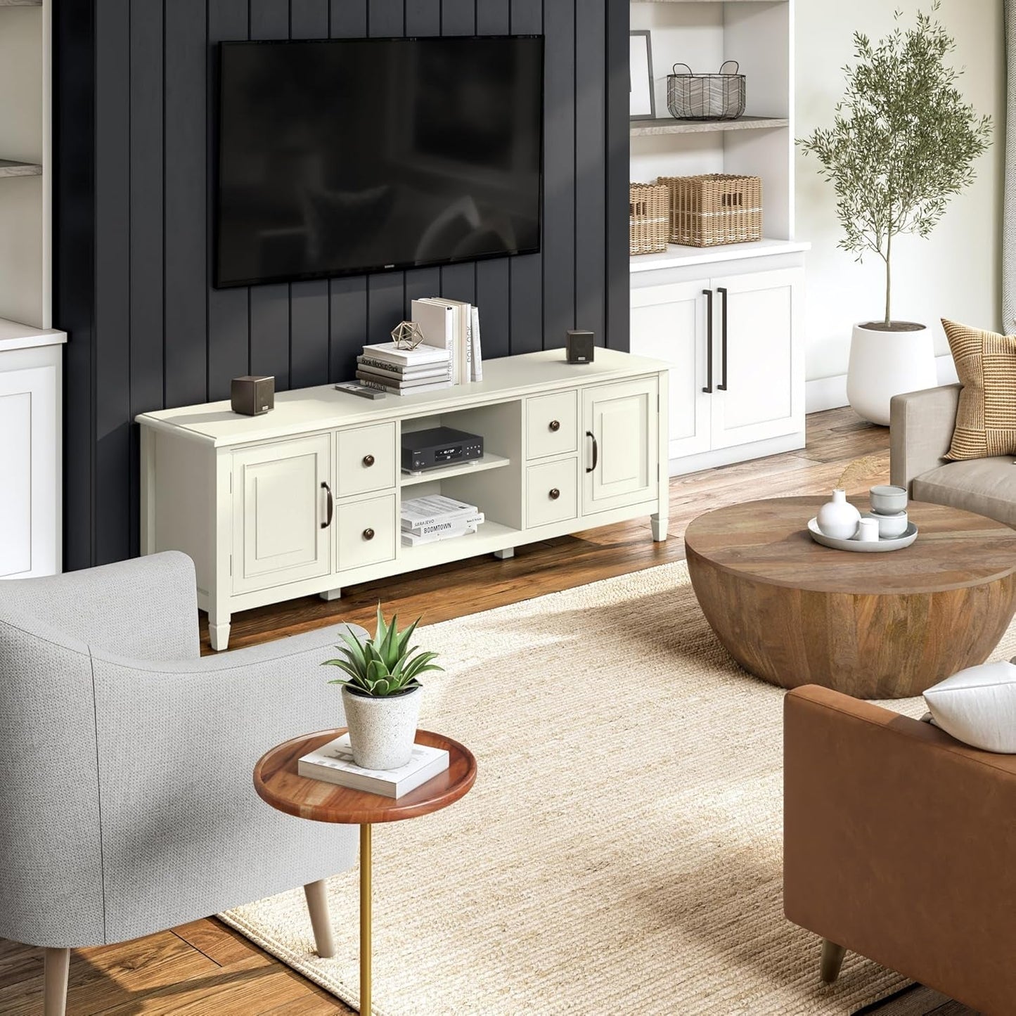 Connaught Solid Wood 72 Inch Wide Traditional TV Media Stand in Antique White for Tvs up to 80 Inches, for the Living Room and Entertainment Center-1