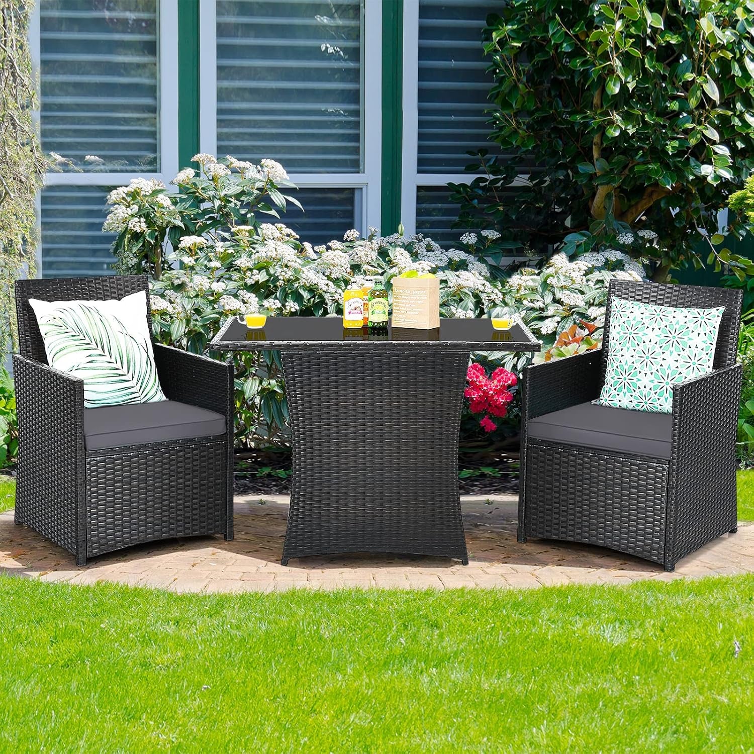 3 Pieces Patio Dining Set, Space-Saving PE Rattan Bistro Set with Tempered Glass Top Table and Cushioned Chairs, Outdoor Conversation Set for Garden Backyard Poolside Porch (Gray)-2