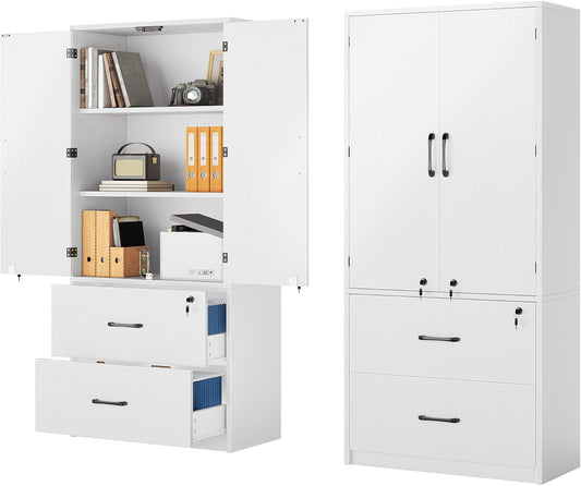 Wood File Cabinets, Heavy Duty Garage Tool Cabinets with Doors & Adjustable Shelves, Big Storage Filing Lockers for Home Office, Living Room, Pantry, Gym, Basement, Warehouse, White-0