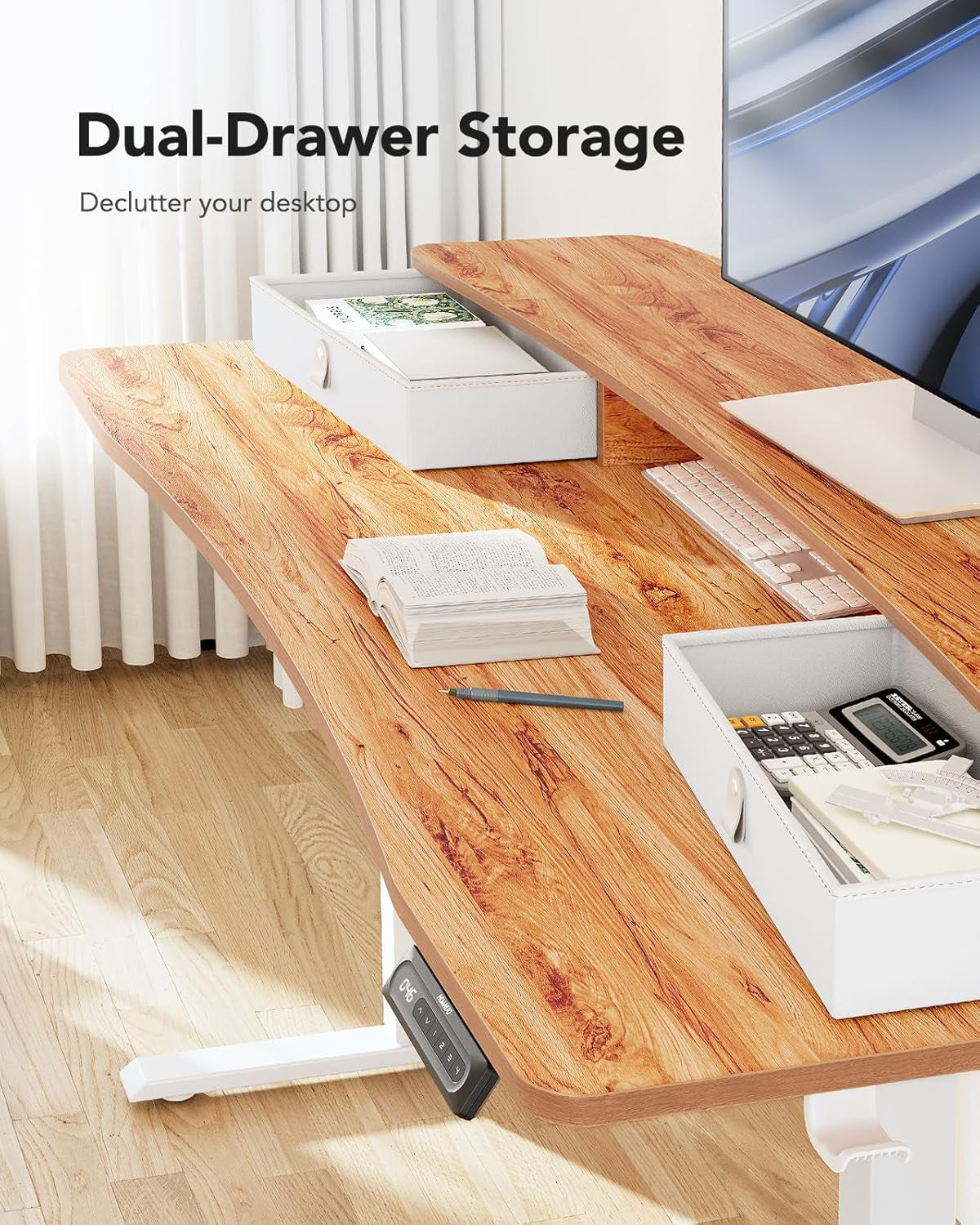 48″ X 24″ Electric Standing Desk with 2 Drawers, C-Clamp Mount Compatible, Height Adjustable Computer Desk, Home Office Stand up Desk with 4 Preset Heights & 2 Hooks, Light Vintage-4