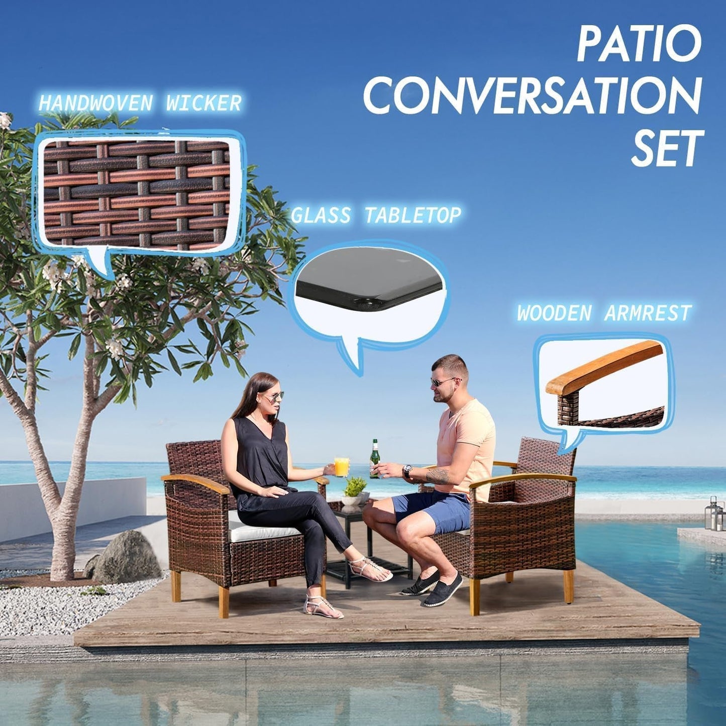 3PCS Outdoor Patio Furniture Set Outdoor Furniture Set with Table outside Lawn Patio Chairs Set of 2 Patio Conversation Sets Bistro Wicker Patio Set for Backyard Porch Balcony Garden (Brown)-4