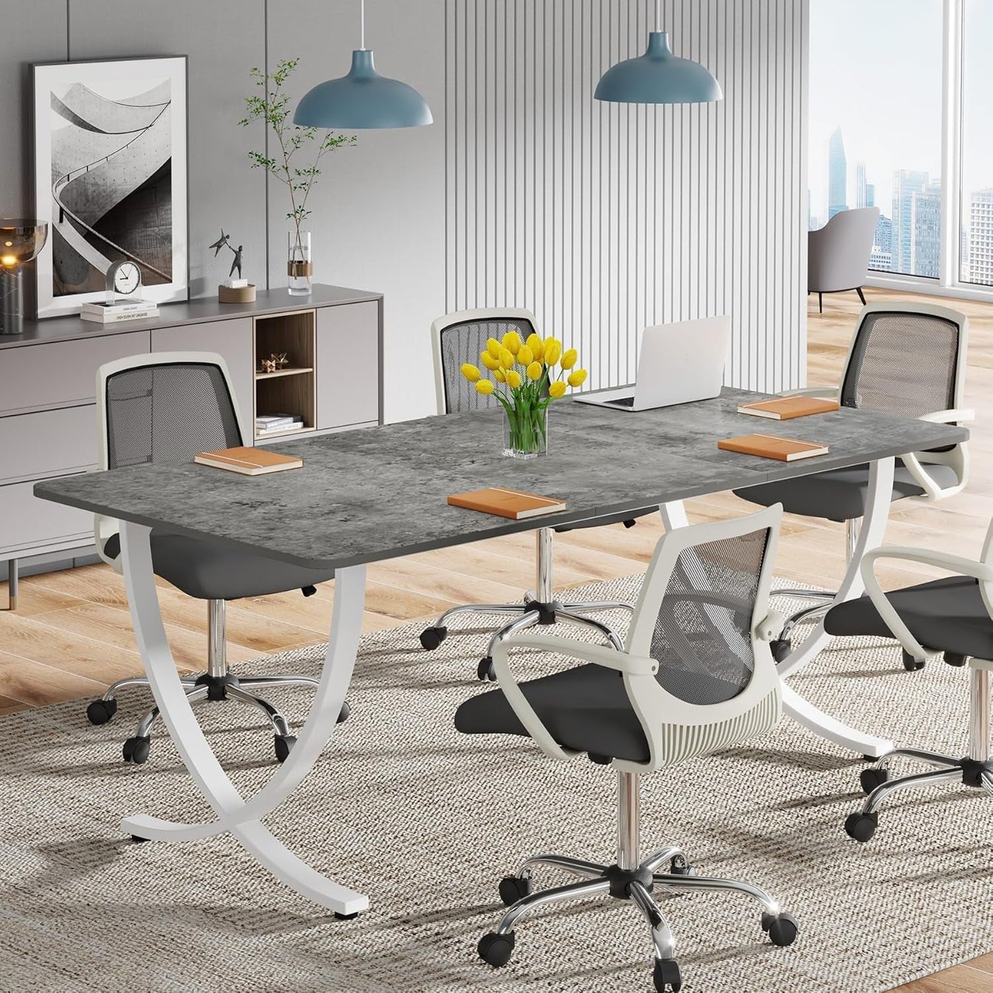 Executive Desk, 63” W X 31.5” D Large Office Desk, Modern Computer Desk Conference Table Meeting Room Table, Business Furniture for Home Office, Gray and White-3