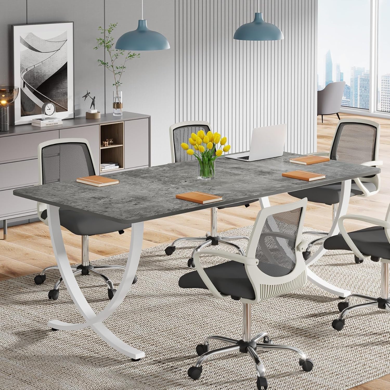 Executive Desk, 63” W X 31.5” D Large Office Desk, Modern Computer Desk Conference Table Meeting Room Table, Business Furniture for Home Office, Gray and White-3