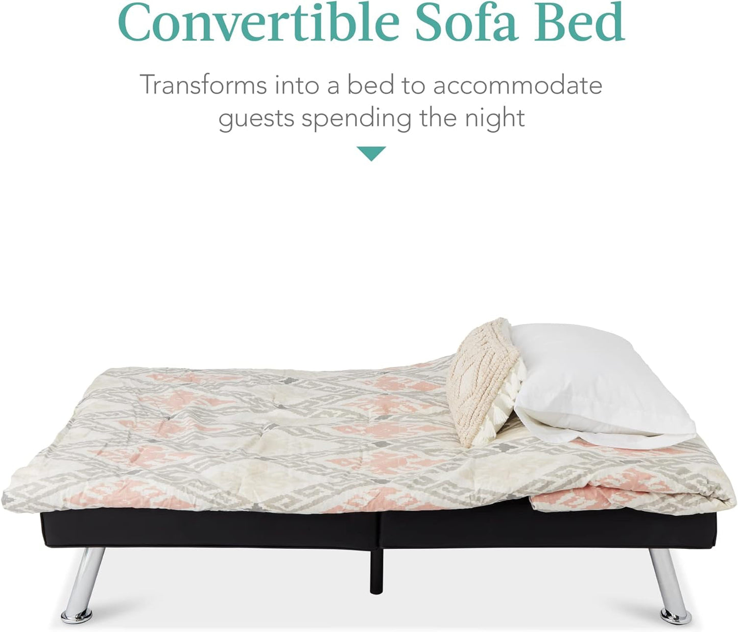 Faux Leather Upholstered Modern Convertible Futon, Adjustable Folding Sofa Bed, Guest Bed W/Removable Armrests - Black-4