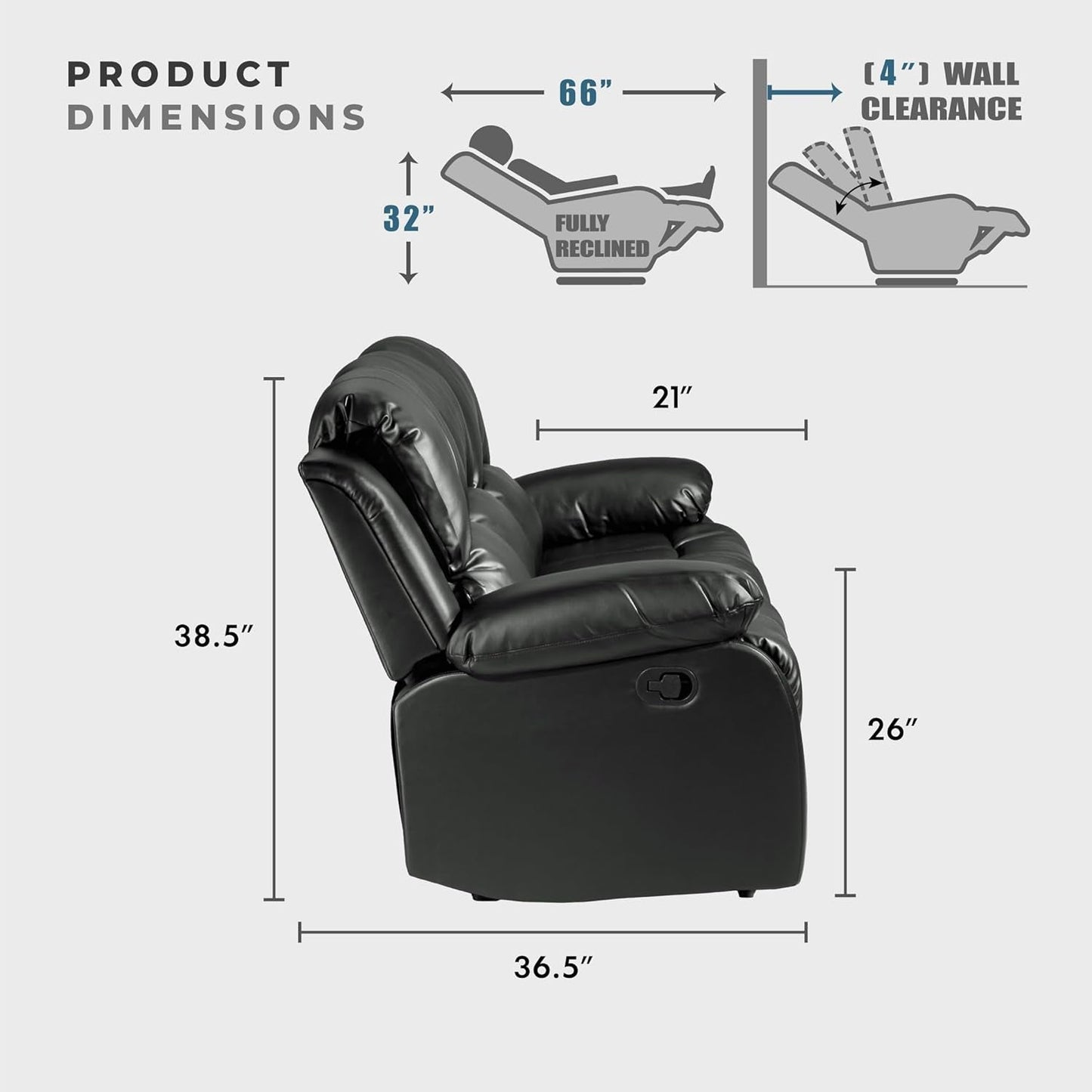 Humphreys Loveset Recliner - Soft Fux Lether Double Reclining Sof, Mnul Pull Tb, Wll Hugger, High-Density Fom, Solid Wood Frme, Esy ssembly, 83" W, Living Room, RV - Blck-1