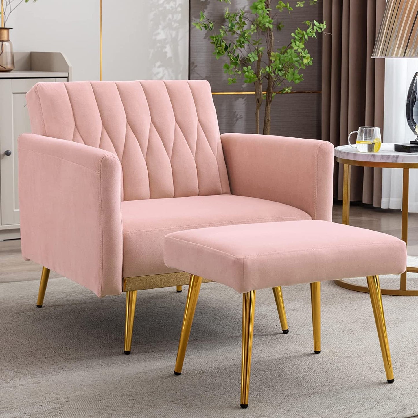 Pink Velvet Chair with Ottoman and Armrests-1