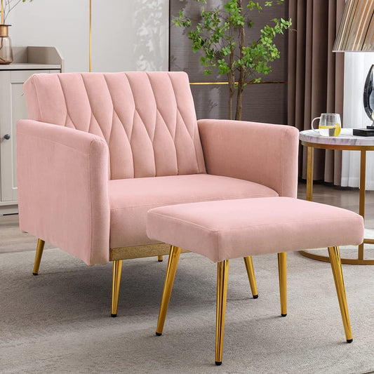 Pink Velvet Chair with Ottoman and Armrests-1
