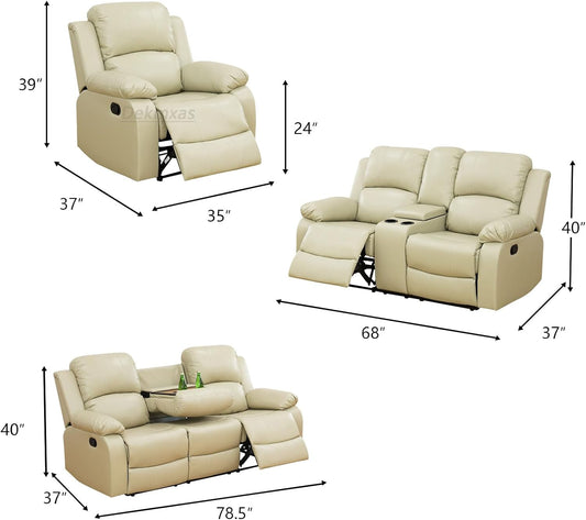 Beige Recliner Sofa Set 3PCS Manual Reclining Sofa Living Room Furniture Sets Contempary Bonded Leather Reclining Couch Set with Cup Holder/Storage Console for Home/Office (Beige, 3PCS Set)-1
