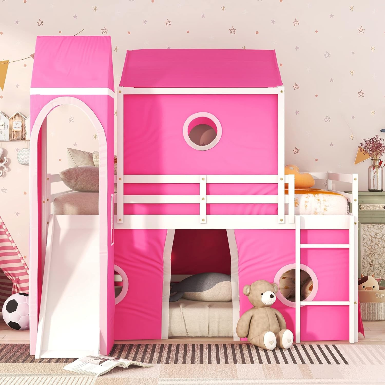 Full over Full House Bunk Bed, Kids Playhouse Bed, Solid Wood Bunk Bed Frame with Slide Pink Tent and Tower, for Girls and Boys, Pink-2