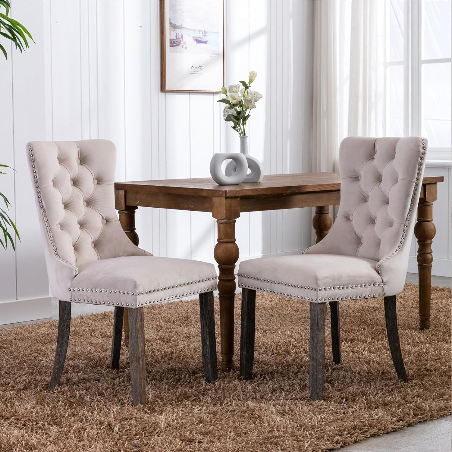 Velvet Dining Chairs Set of 4,Upholstered Dining Chairs with Ring Pull Trim and Button Back,Modern Seating for Living Room, Bedroom, Kitchen (Beige)-1