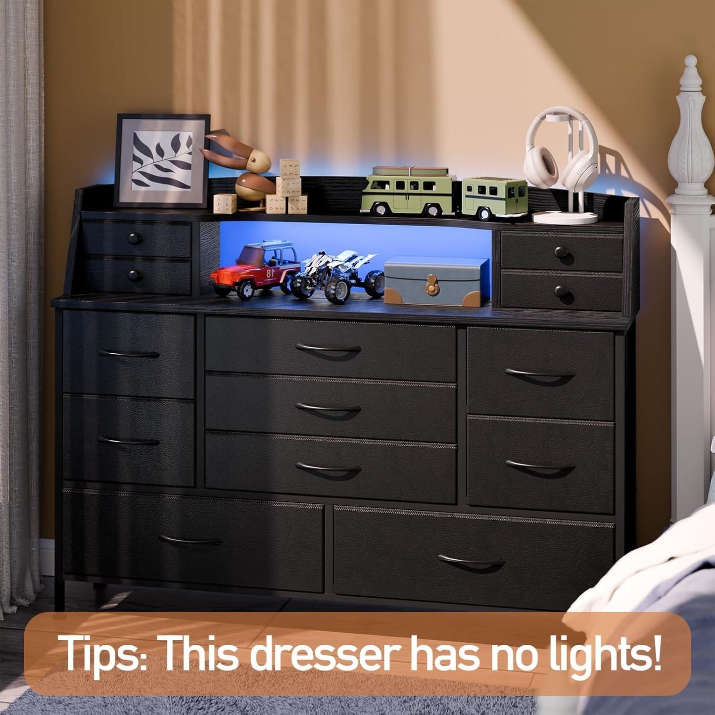 Black Nursery Dresser for Bedroom with 13 Drawers, Fabric Chest of Drawers with PU Finish for Kids, Boys, Adults, Nursery, Living Room, Closet, Entryway, Hallway (No LED Lights)-3